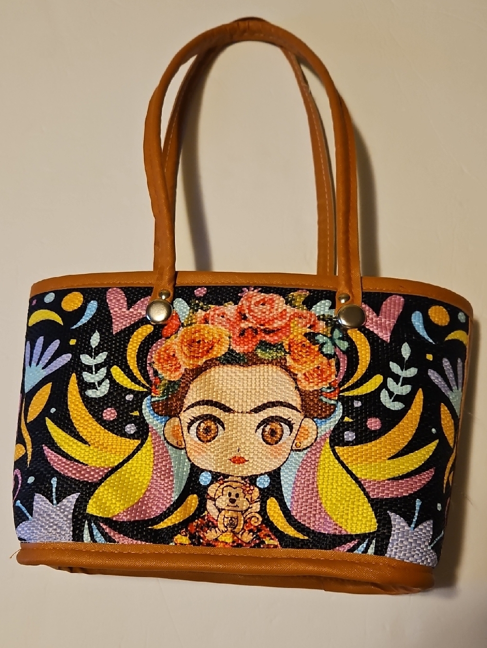 Floral Frida-Inspired Canvas Tote Bag in Black and Tan